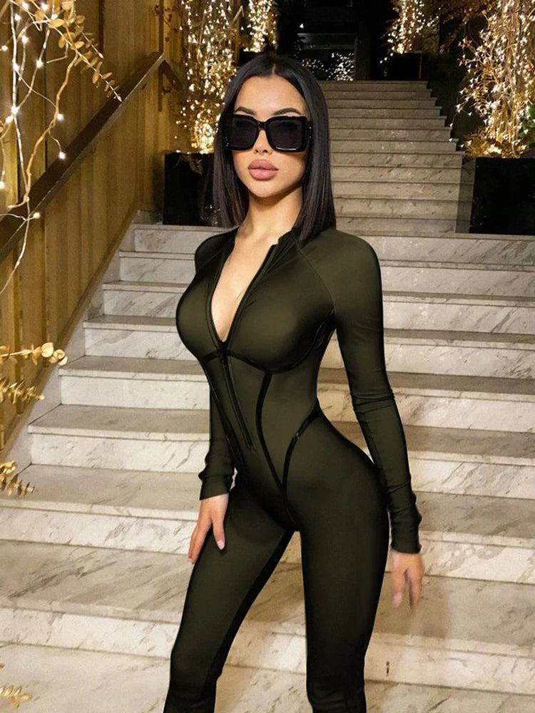 S-4XLWomen Sexy Zipper Jumpsuit Long Sleeve Bandage Tights Solid Bodysuit Female Party Bodycon Stretch Sporty Leisure - Kimlud