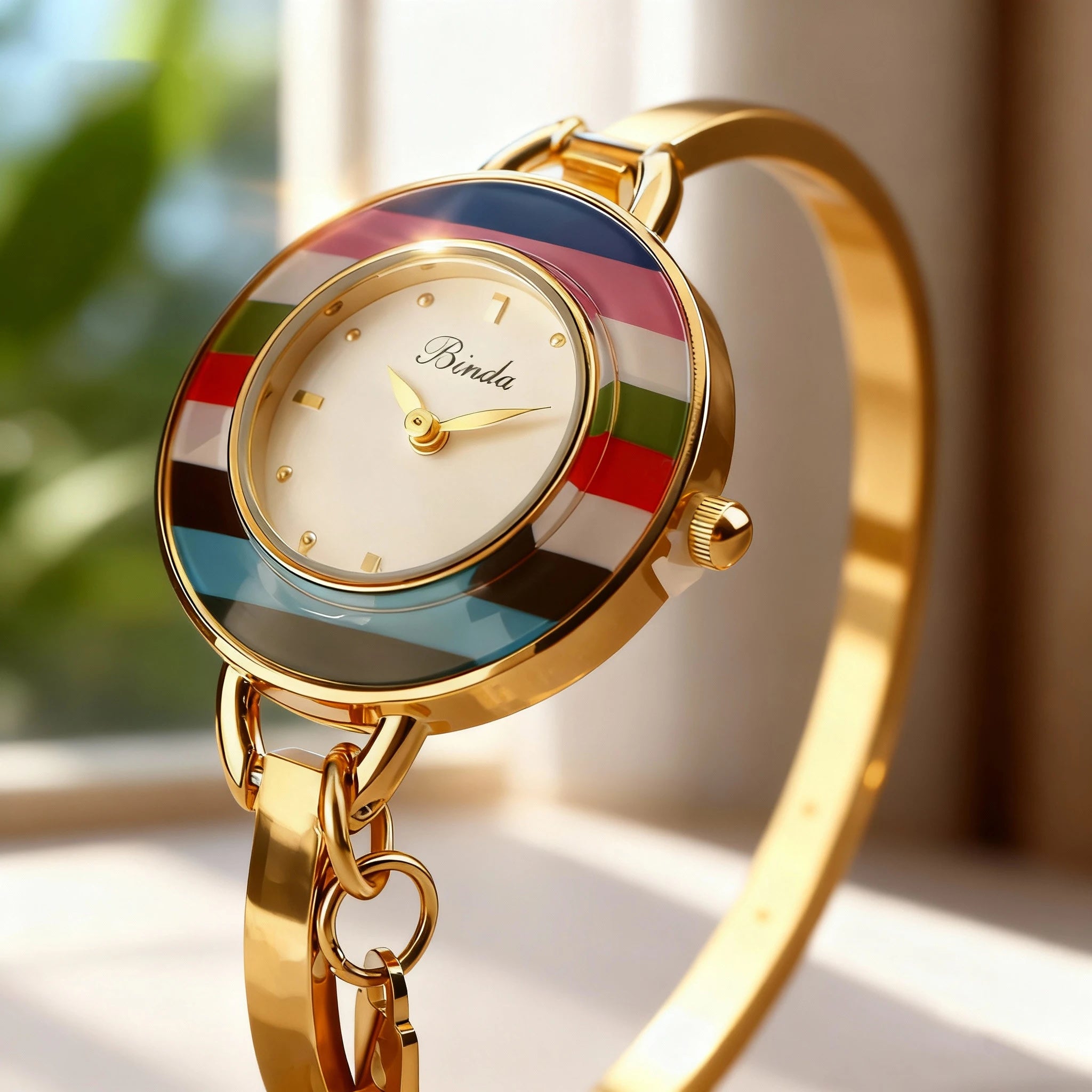 Binda Women’s Elegant Waterproof Quartz Watch – Rainbow Gold Stainless Steel Bracelet, Round Delicate Dial | Kimlud Mid...