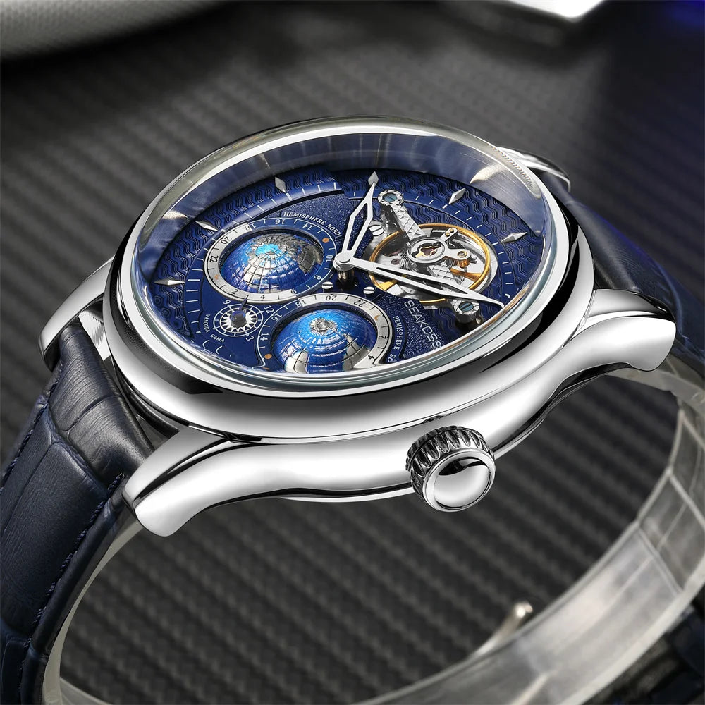 SEAKOSS Male Dual Earth Rotating Mechanical Men's Watch Automatic Movement Waterproof Clock Pilots 1963 Flywheel Wristwatches