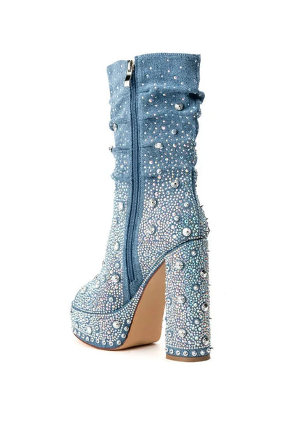 2025 Women Sexy Luxury Banquet Pointed Women's Short Boots Thick Square High Heels Shiny Rhinestones Club Mid-calf Modern Boot