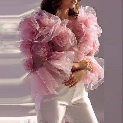 Pink Flowers Tops Ruffles Tiered Mesh Long Sleeves Women Birthday Jacket Rose Flowers Princess Chic Jacket To Match