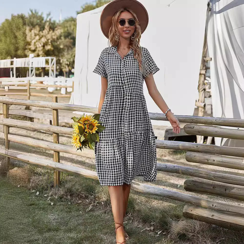 2026 Women's Checkered Short-Sleeve Shirtdress Single-breasted Button-down Short-sleeved Dress Casual Country-style Long...