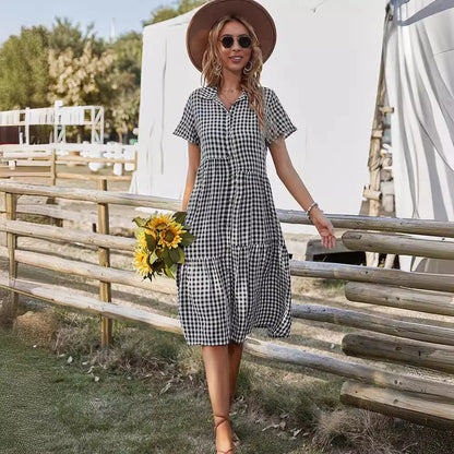 2026 Women's Checkered Short-Sleeve Shirtdress Single-breasted Button-down Short-sleeved Dress Casual Country-style Long...