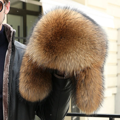 2025 Winter 100% Real Silver Fox Fur Bomber Hat Raccoon Fur Ushanka Cap Trapper Russian Men's Ski Hats Caps