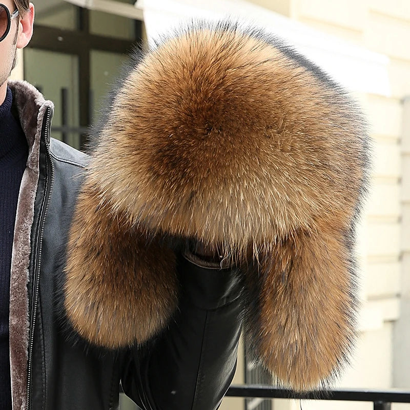 2025 Winter 100% Real Silver Fox Fur Bomber Hat Raccoon Fur Ushanka Cap Trapper Russian Men's Ski Hats Caps
