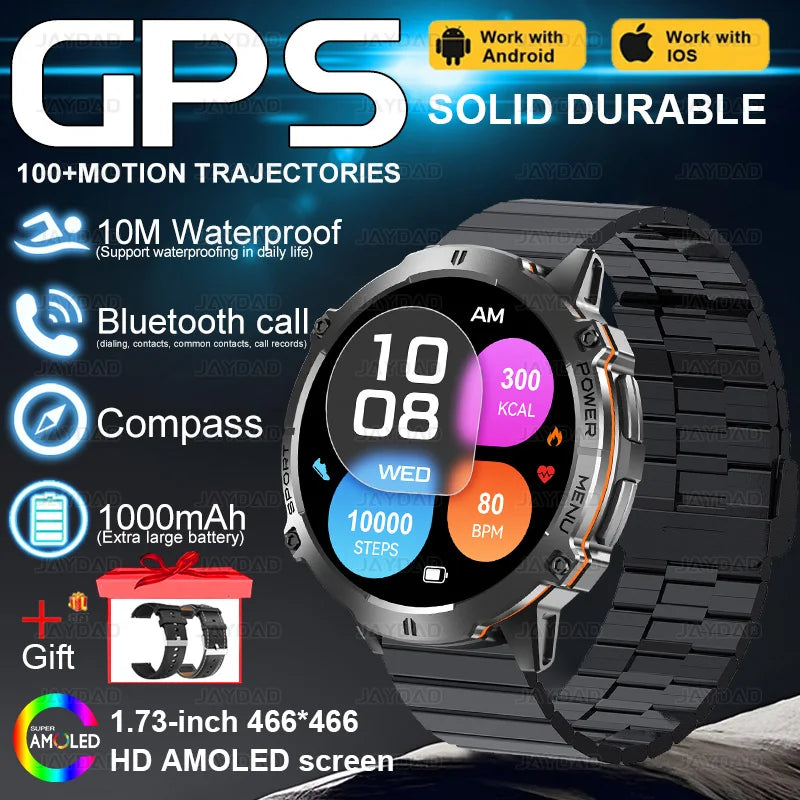 2025New Outdoor Military GPS Compass Smart Watch Men 1.73"HD AMOLED Screen 1000MAH Heart Rate BT Call IP68 Waterproof Smartwat