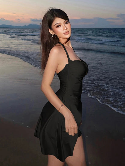 Weird Puss Shell Metal Satin Dress Women Y2K Plait Halter Sexy Low-Neck Irregular Backless Sleeveless Ruched Summer Mini...