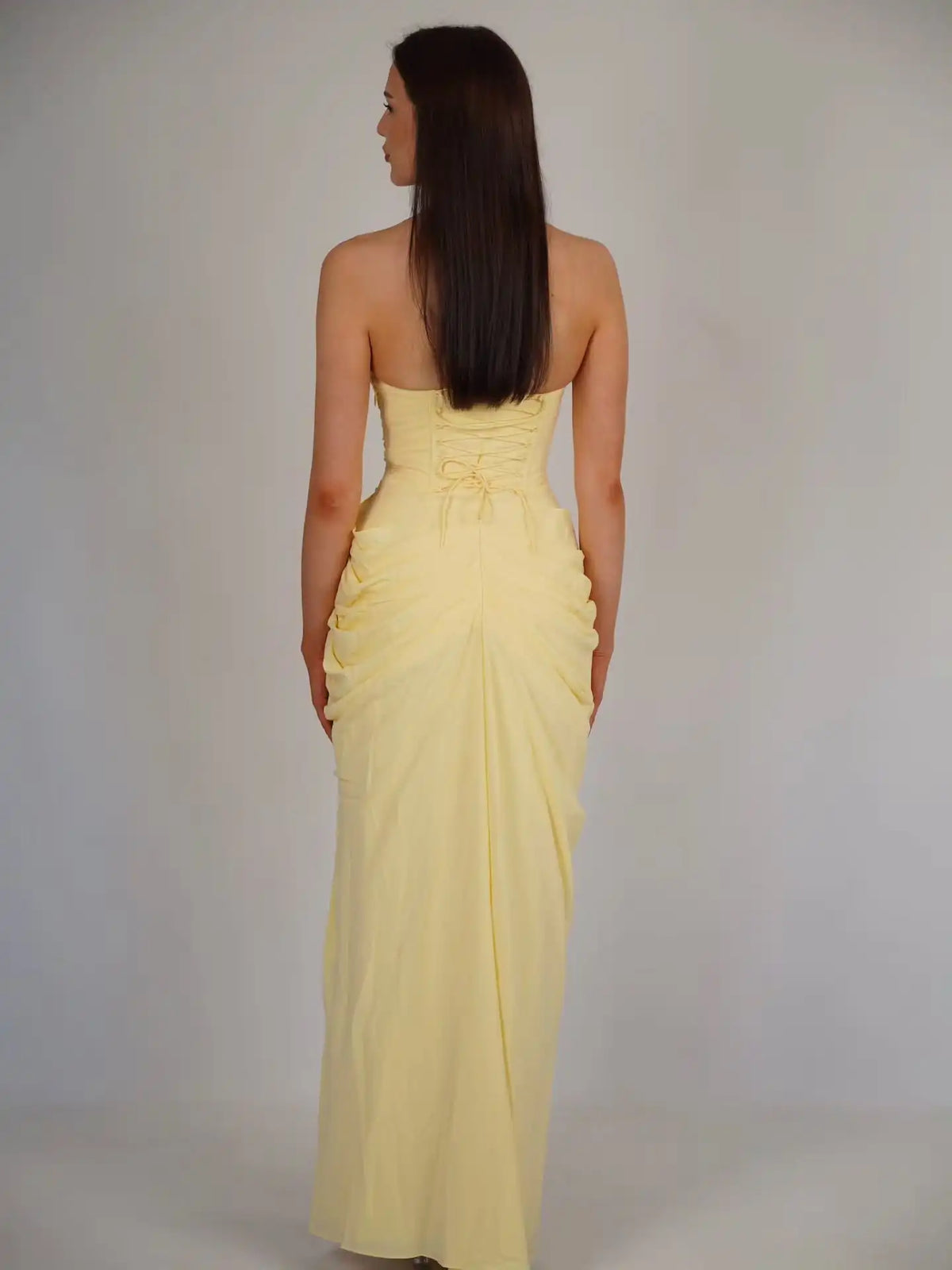 Ofherown Light Blue Strapless Corset Evening Dress Prom Gown Ruched Chiffon Formal Party Maxi Dress With High Slit  Lace-Up Back