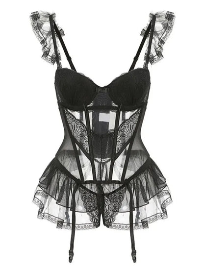 WOMENGAGA Fairy Lace Mesh Sexy Black Mini Tank Summer Beach Dress Elegant Ruffles Tops Autumn Sweet Korean Women 2022 CP8L