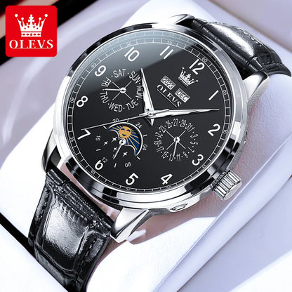 OLEVS 6698 Mens Watch Luxury Dress Brand Moon Phase Automatic Mechanical Watch For Men Leather Waterproof Dual Calendar...