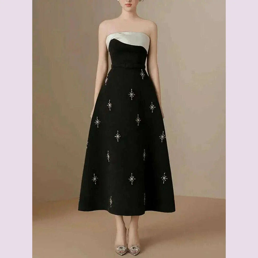 DEAT Elegant Dress Spliced Diamonds Contrast Color Strapless Sleeveless Women's Party Dresses 2024 Autumn New Fashion 15C159