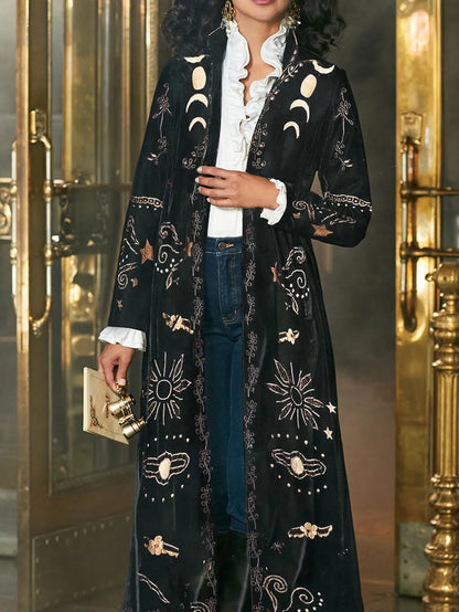 Spring Fashion Velvet Cardigan Coat Women Elegant Stand Collar Retro Printed Slim Long Sleeve Maxi Outerwear Coats Soft Jacket