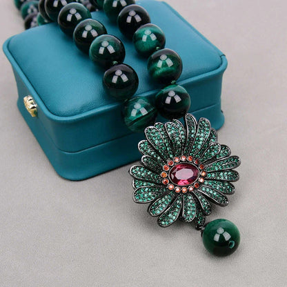 G-G 18" Natural Round Green Tiger Eye Necklace CZ Pave Flower Crystal Pendant Lady Party Gifts