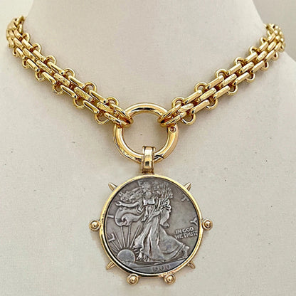2025 chunky layer Jewelry Luxurious imitation grey pearl exaggerate coin charm pendant Clasps Carabiner Necklace...