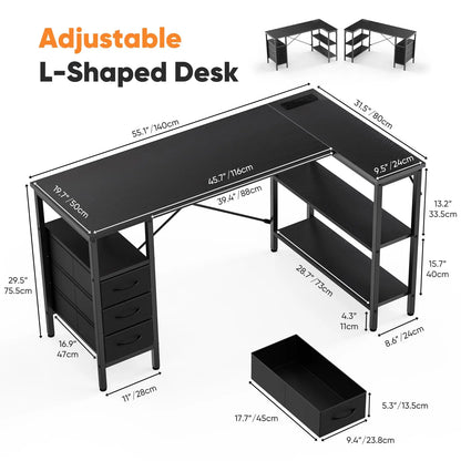 JHK L Shaped Desk with Shelf Drawers 55 Inch Corner Computer Desks Gaming with Power Outlet Adjustable Shelves Home Office Table