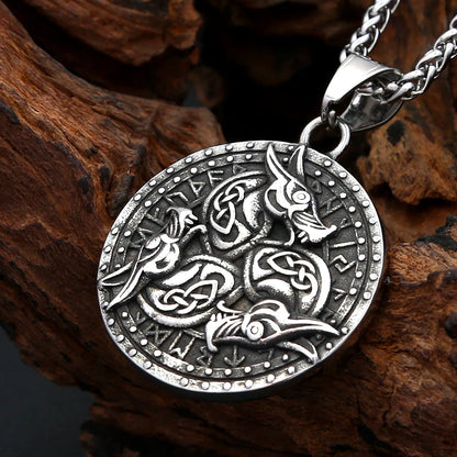 Viking Dragon Pendant Necklace Stainless Steel Round Medallion Celtic Knot Rune Engraved For Men Norse Amulet Daily Wear Jewelry