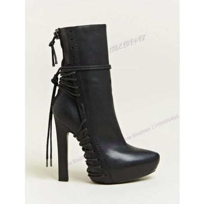 Black Matte Leather Cross Tied Ankle Boots Po inted Toe Shoes for Women Thin High Heels Sexy Lady Shoes 2025 Zapatos Para Mujere