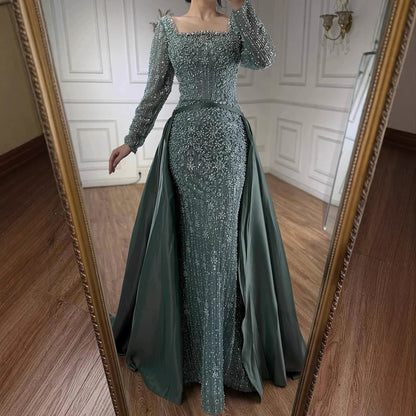 Serene Hill Customized Arabic Caramel Mermaid With Overskirt Beaded Evening Dresses Luxury Gowns For Formal Occasion...