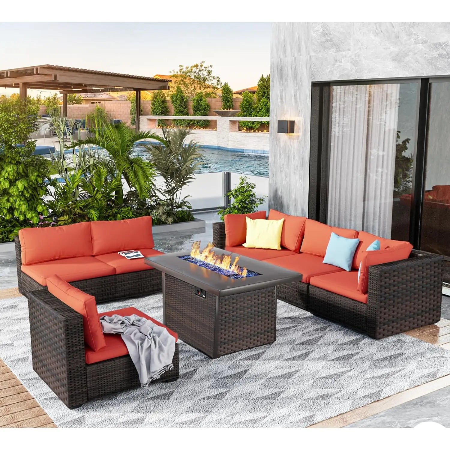 7 Pieces Outdoor Sectional Patio Furniture Set with Fire Pit Table PE Rattan Wicker Patio Sectional Conversation,...
