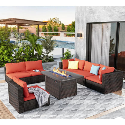 7 Pieces Outdoor Sectional Patio Furniture Set with Fire Pit Table PE Rattan Wicker Patio Sectional Conversation,...