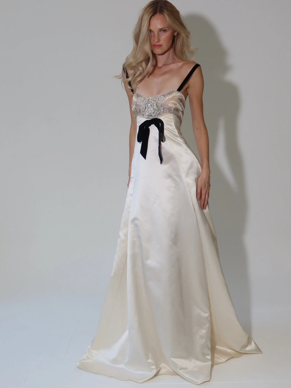 Ofherown Ivory Satin Evening Gown for Women Crystal Beaded Corset Bow A-Line Formal Gala Prom Dress 2026