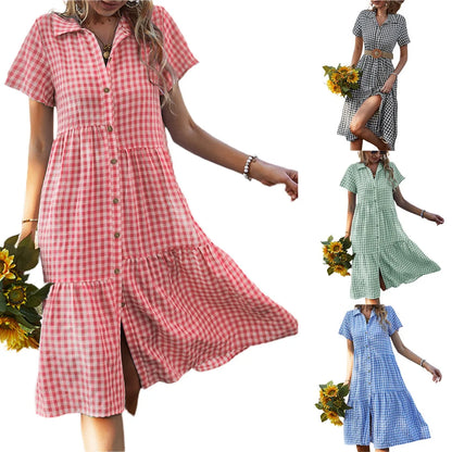 2026 Women's Checkered Short-Sleeve Shirtdress Single-breasted Button-down Short-sleeved Dress Casual Country-style Long...