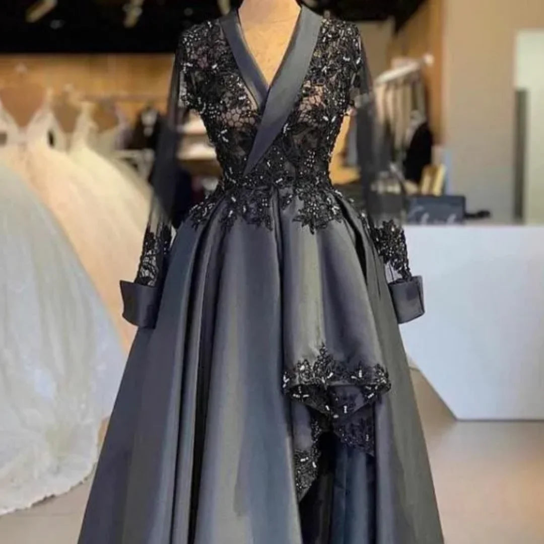 V Neck Mermaid Long Sleeves Lace Appliques Side Split Black Satin Party Wedding Guest Mother Dress Vintage Of The Bride...