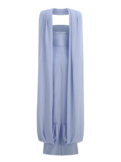 Sexy Strapless Pleated Ruched Long Dress Women Light Blue Sleeveless Mesh Patchwork Halter Slim Dresses Evening Club...