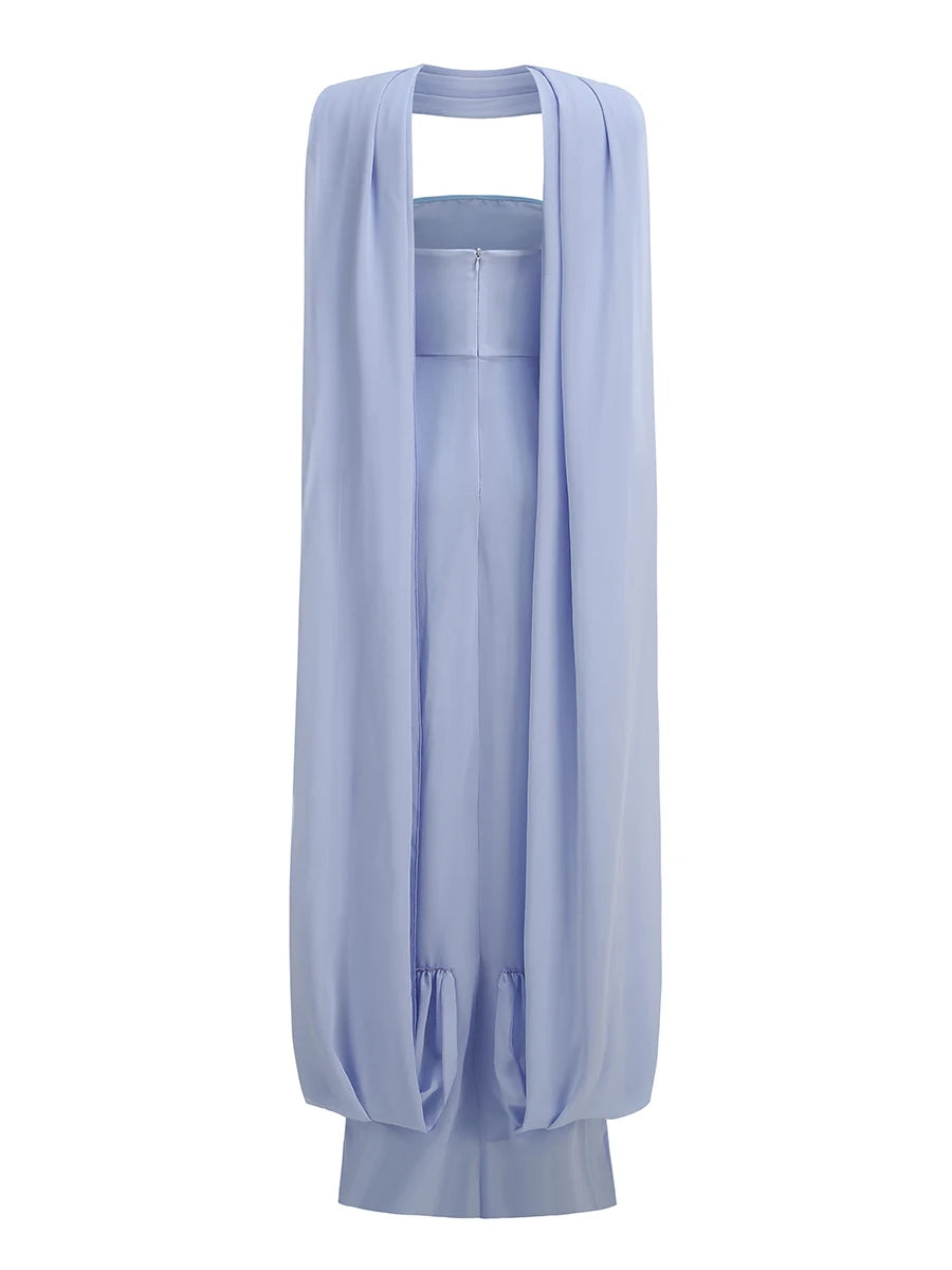 Sexy Strapless Pleated Ruched Long Dress Women Light Blue Sleeveless Mesh Patchwork Halter Slim Dresses Evening Club...