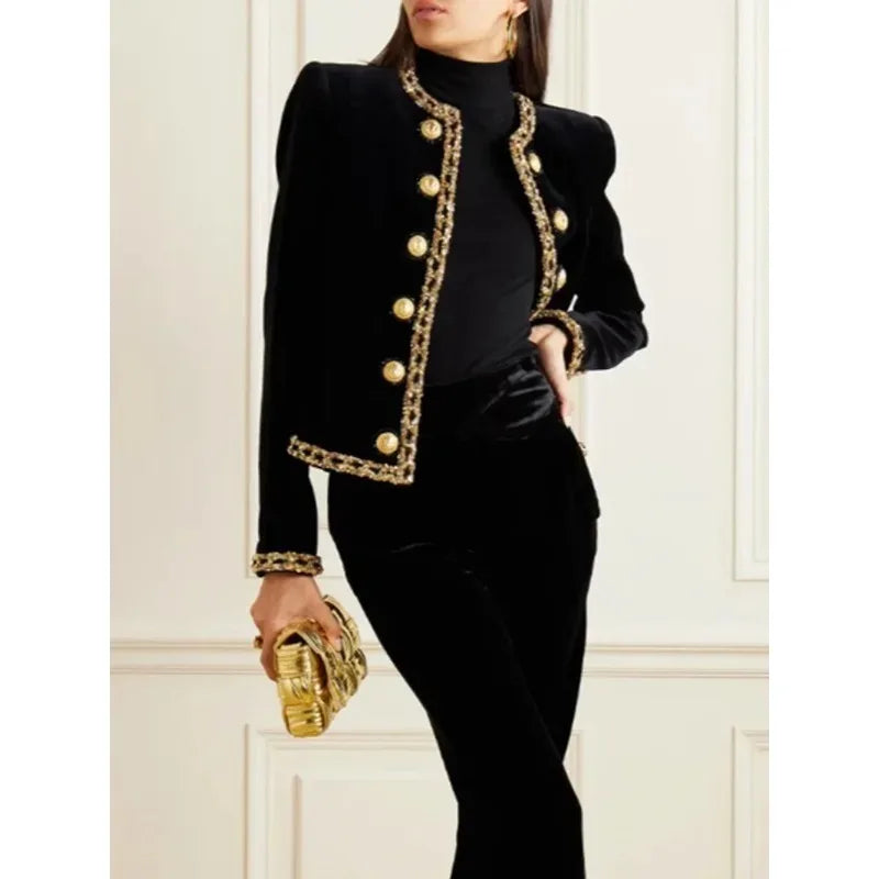 Plus Size Luxury Bright Silk Velvet Jackets Women 2025 Autumn Winter O Neck Long Sleeve Double Gold Button Out Going Coat 184065