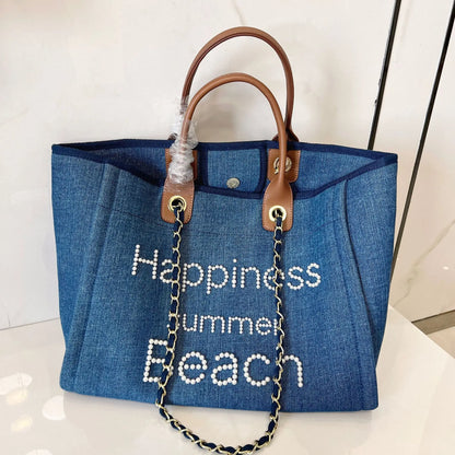 New Women Tote Bag Fashion Canvas Large Handbag Chains Genuine Leather Shoulder Bags Ladies Big Messenger Bag Shopping Bag