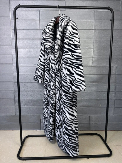 2026 Fashion Zebra Leopard Print Fur Coat Women's Winter Faux Rabbit Hair Fur X-long Overcoat Loose Jacket Streetwear...