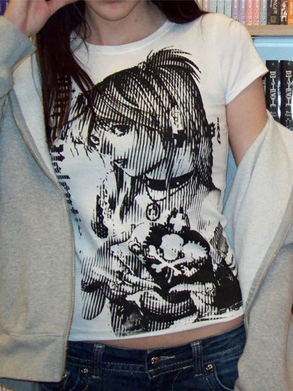 Y2K Fashion T shirt fairy grunge Summer E-girl White Black Crop Top Slim 2000s Harajuku Goth Locomotive wind Short Sleeve