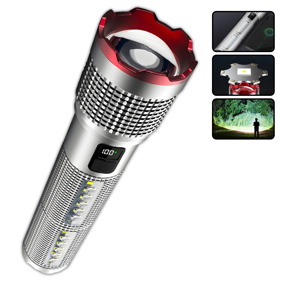 5000 MAH Powerful LED Flashlight Rechargeable Lamp Side Light Waterproof Tactical Lantern Handheld Torch Outdoor Camping Hiking