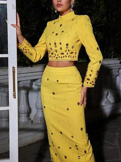 TWOTWINSTYLE Solid Spliced Diamonds Two Piece Set For Women Stand Collar Long Sleeve Tops High Waist A Line Skirt Set Female New