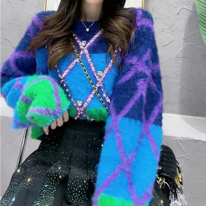 High Quality Color Contrast Diamond Beads Short Pullover Korean Loose Weight Sweater Traf Mohair Winter Women Tops