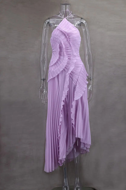 Chic Pleated Halter Long Dress Women High Quality Strapless Backless Ruffles Lotus Edge Maxi Dress 2025 Nw Lady Vacation Gowns