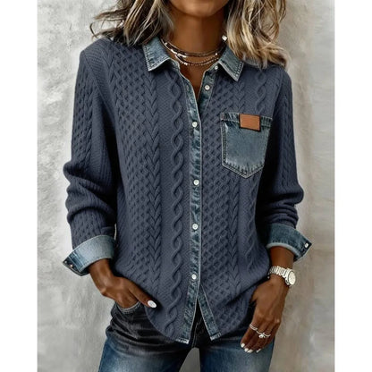 Women knit Denim Shirt Coat Overshirt Vintage Blouse Single Breasted Turn Down Collar Pockets Washed 2025 Office Lady Top Jacket - Kimlud
