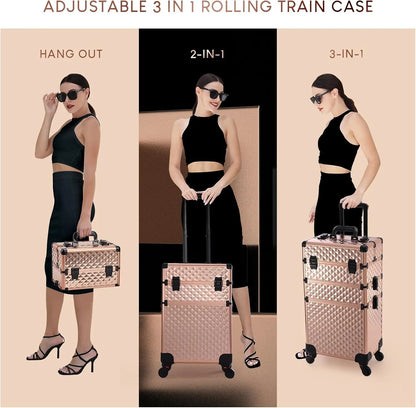 Rolling Makeup Train Case 3 in 1 Professional Cosmetic Trolley Large Storage keys Wheels Case Cart Trunk for Make Up Nail Tech
