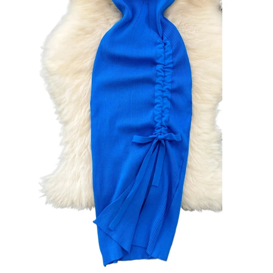 Women's Blue Sleeveless Crew Neck Ruched Side Sundress Stretchy Ribbed Knit Bodycon Midi Dress Slit Summer Daily Party Dress - Kimlud