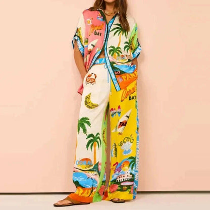 Long Sleeve Long Pant Sets Women  Retro Lapel Single Breasted Blouses Trousers 2 Piece Set Printed Color-blocking Elastic Waist