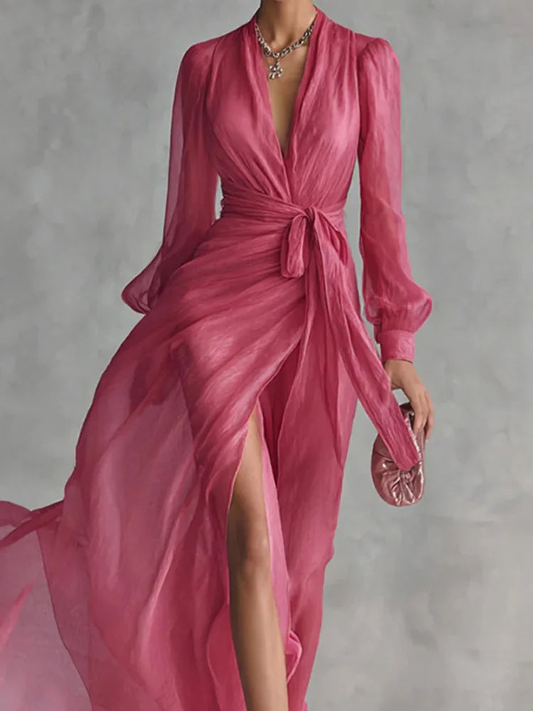 DFCF 2026 New Women Summer Fashion Solid Color V Neck Party Long Dresses Casual Elegant Long Sleeve Lace Up Split Maxi...