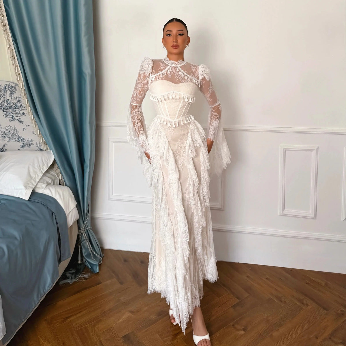 Ofherown White Lace Long Sleeve Maxi Dress Women High Neck Ruffle Prom Dress Elegant Formal Evening Gown 2026