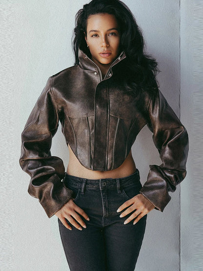 Nibber Hottie Crop Jacket Women Turtleneck Pu Irregular Zip Button Full Sleeve Wild Sexy Street Midnight Autumn Hipster...