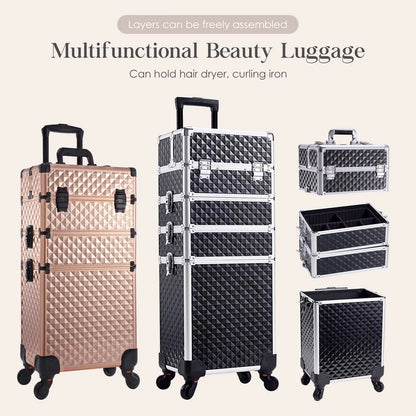 Rolling Makeup Train Case Cosmetic Trolley 4 in 1 Large Capacity Makeup Travel Case with Key  Wheels Salon Barber Case Traveling