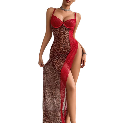 European and American Cross border 2026 Fashion High slit Strap Splicing Leopard Pattern Perspective Lace Sleeping Skirt...