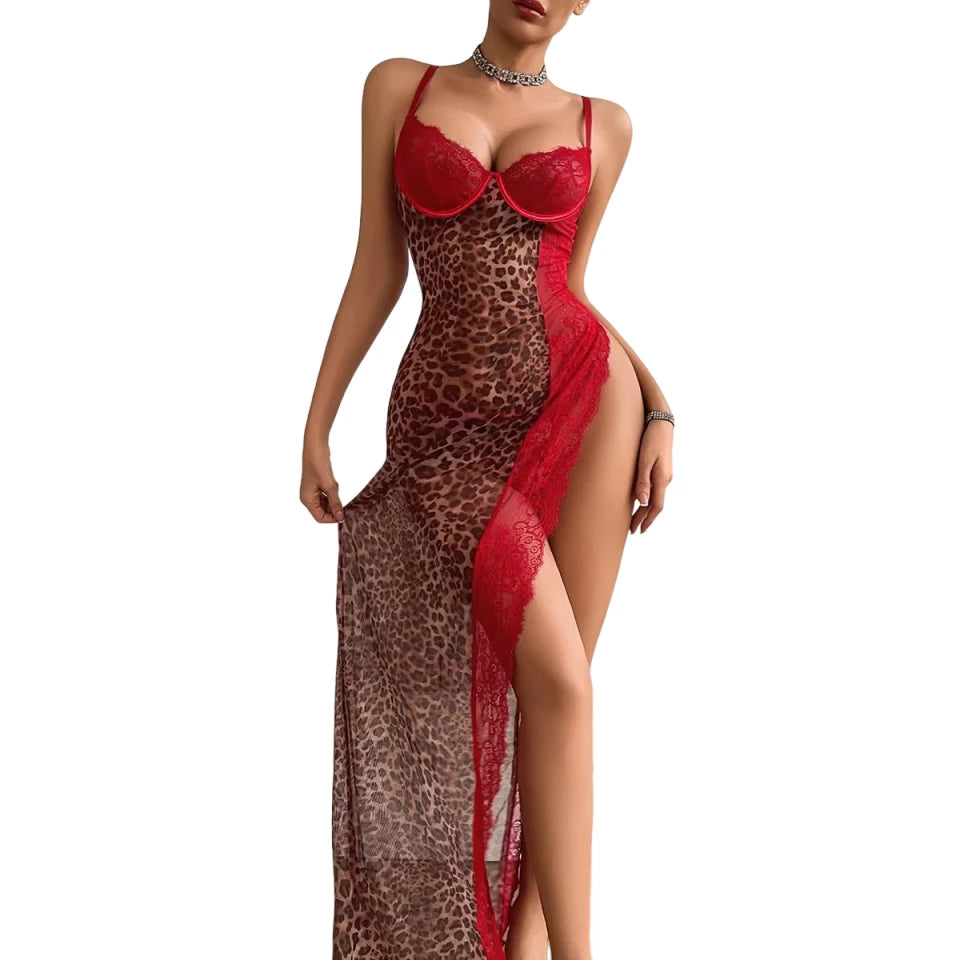 European and American Cross border 2026 Fashion High slit Strap Splicing Leopard Pattern Perspective Lace Sleeping Skirt...