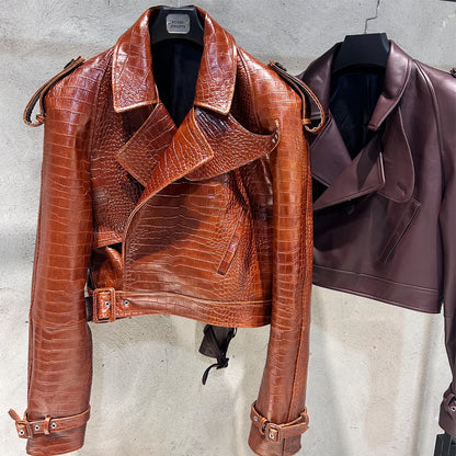 Crocodile Texture Woman Leather Jacket Short Autumn Jacket Leather Fashion Shoulder Pad Jacket
