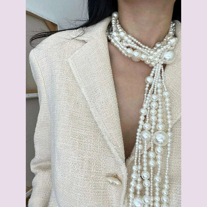 Elegant Multilayer Imitation Pearl Long  tassel knot Chain Necklace for Women Elegant Beads Choker Party  Jewelry