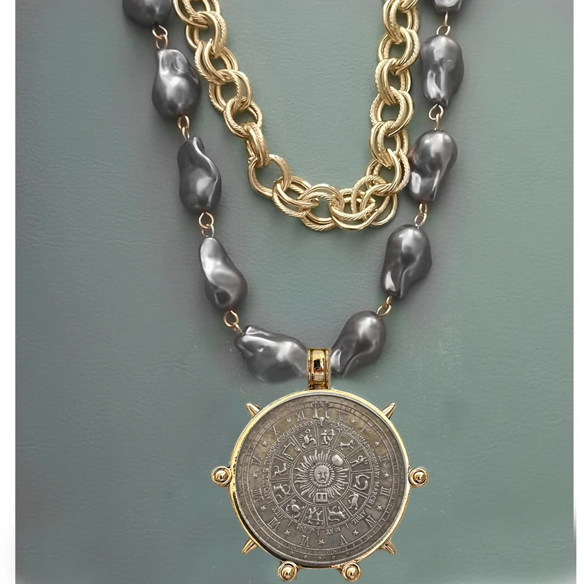 2025 chunky layer Jewelry Luxurious imitation grey pearl exaggerate coin charm pendant Clasps Carabiner Necklace...
